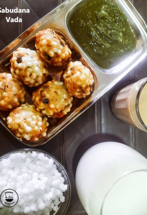 Sabudana Vada served with green chutney and milk for fasts.